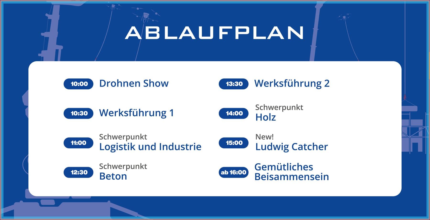 Ablaufplan der Ludwig Show 2026 von der Drohnen-Show um 10:00 Uhr bis zum gemütlichen Beisammensein ab 16:00 Uhr
